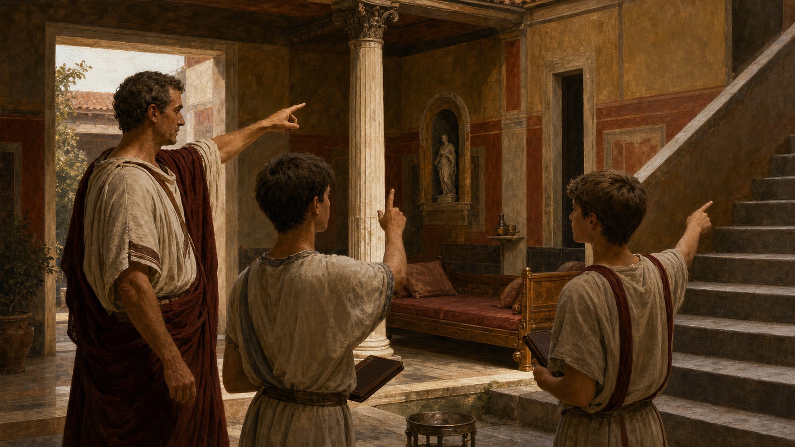 A Roman rhetoric teacher guides students through a house, assigning distinct architectural places to successive points of a speech.