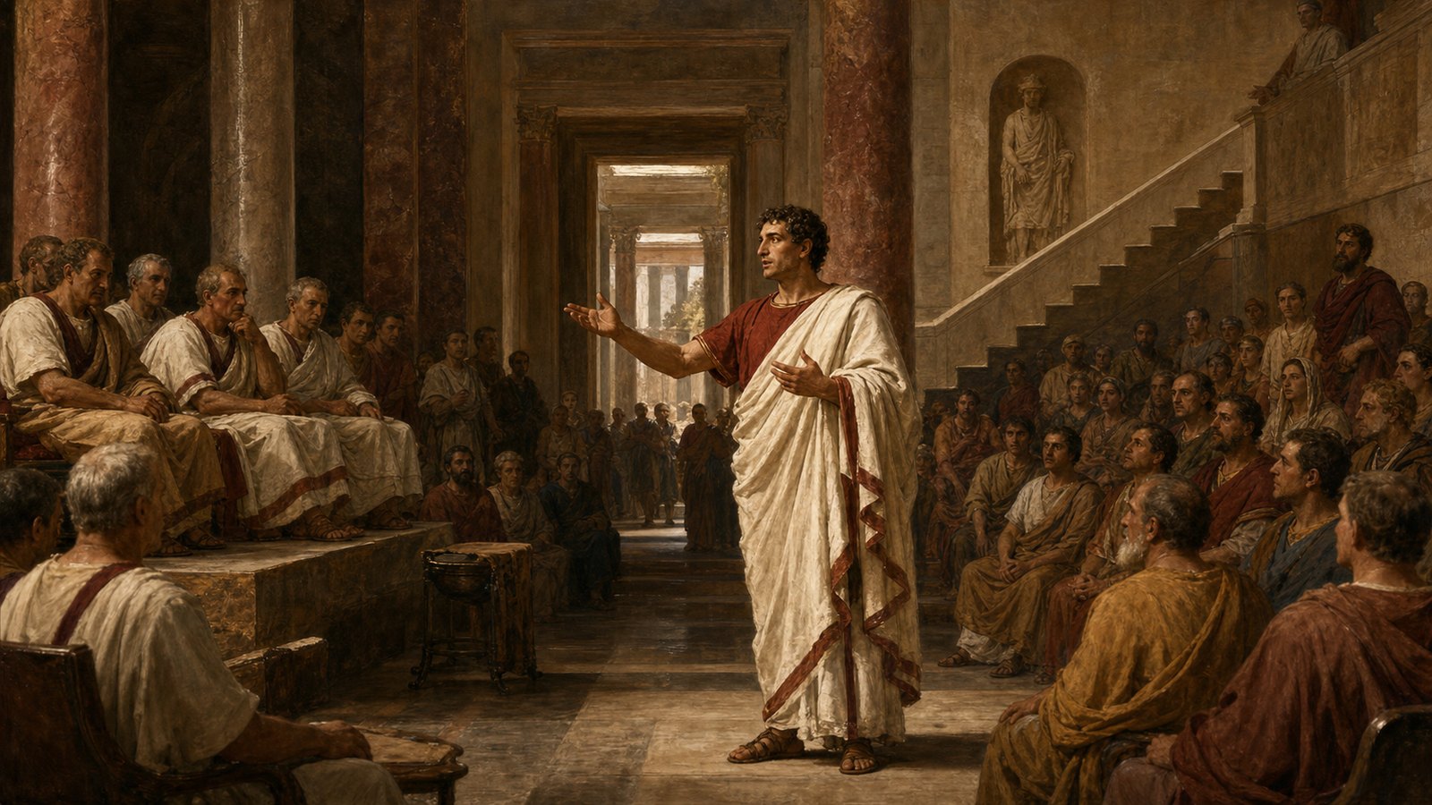 A trained orator addresses a basilica court from memory while the ordered architecture around him echoes his rehearsed mental route.