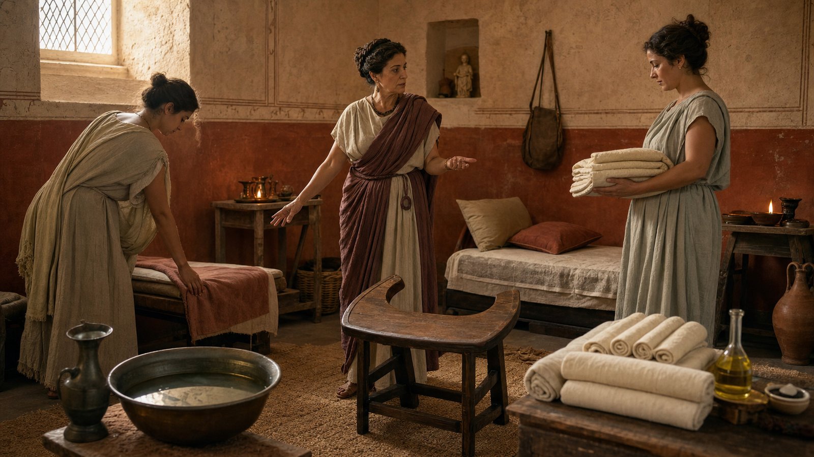 A Roman midwife directs assistants around a birthing stool, with warm water, linen, oil, and steady preparation close at hand.