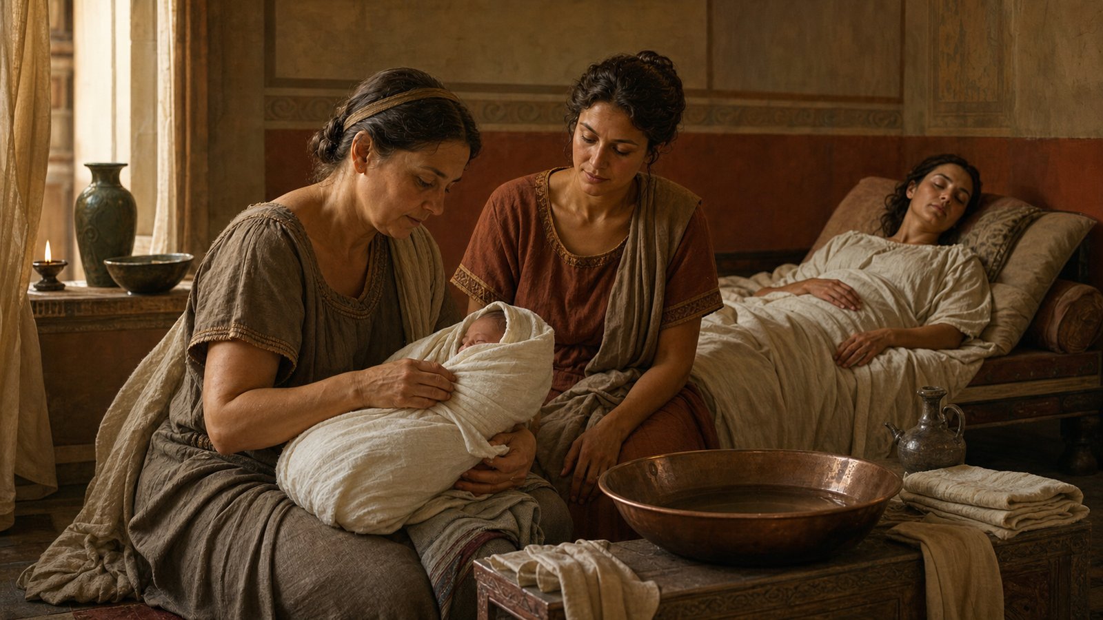 After delivery, the attendant turns from the mother to the newborn while the household remains organized around continued care.