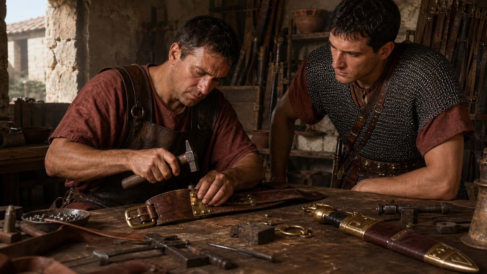 An armorer rivets metal plates and a buckle onto a broad leather military belt while a scabbard fitting waits beside it.