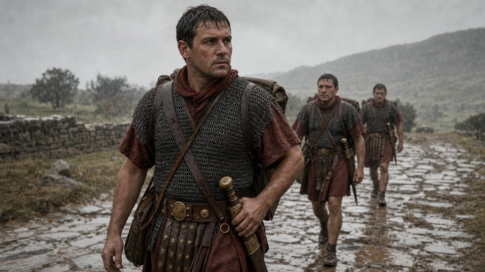 A marching legionary steadies his suspended scabbard as belt, mail and baggage straps share the same moving body.