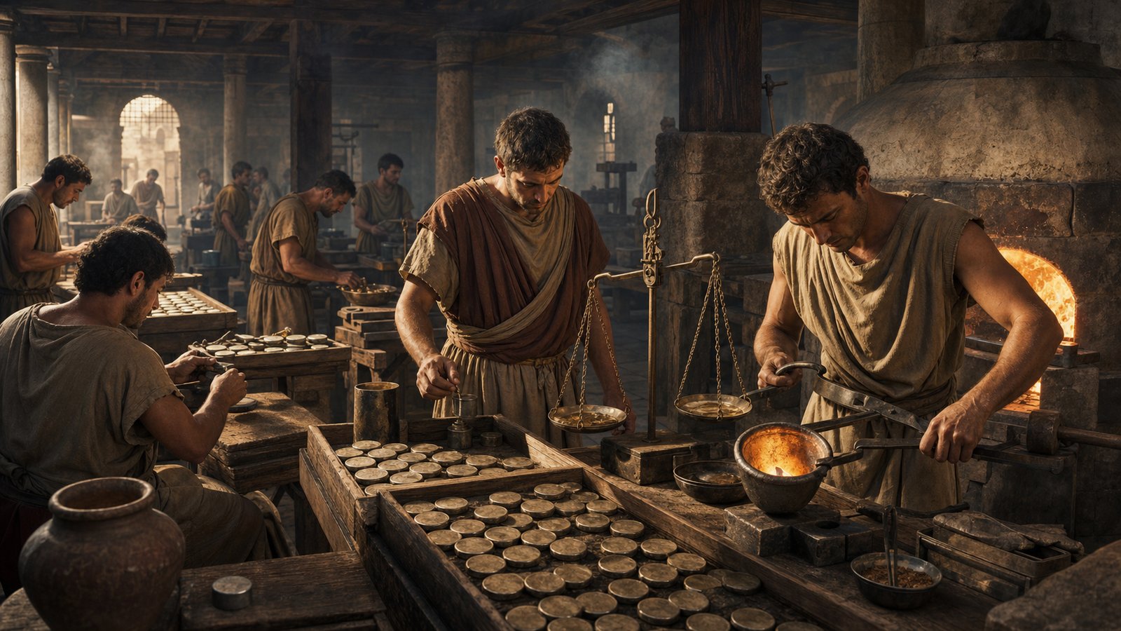 Roman mint workers prepare weighed metal blanks beside engraved dies, tongs, scales, and a striking anvil.