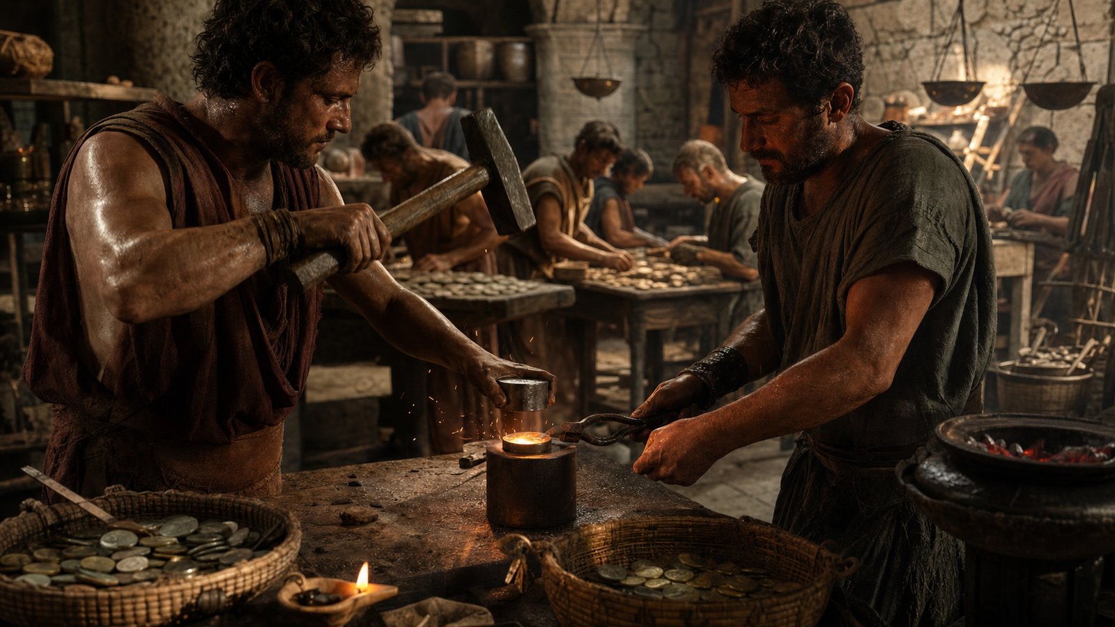 A striking team aligns upper and lower dies as one hammer blow forces a blank to carry both images.