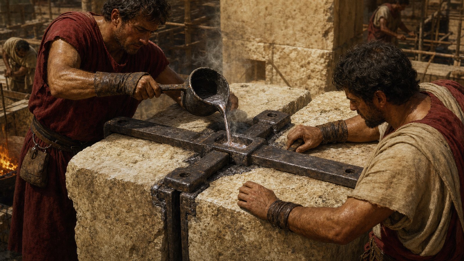 Roman masons lower a lead-wrapped iron clamp into paired sockets spanning the joint between two immense pale stone blocks.