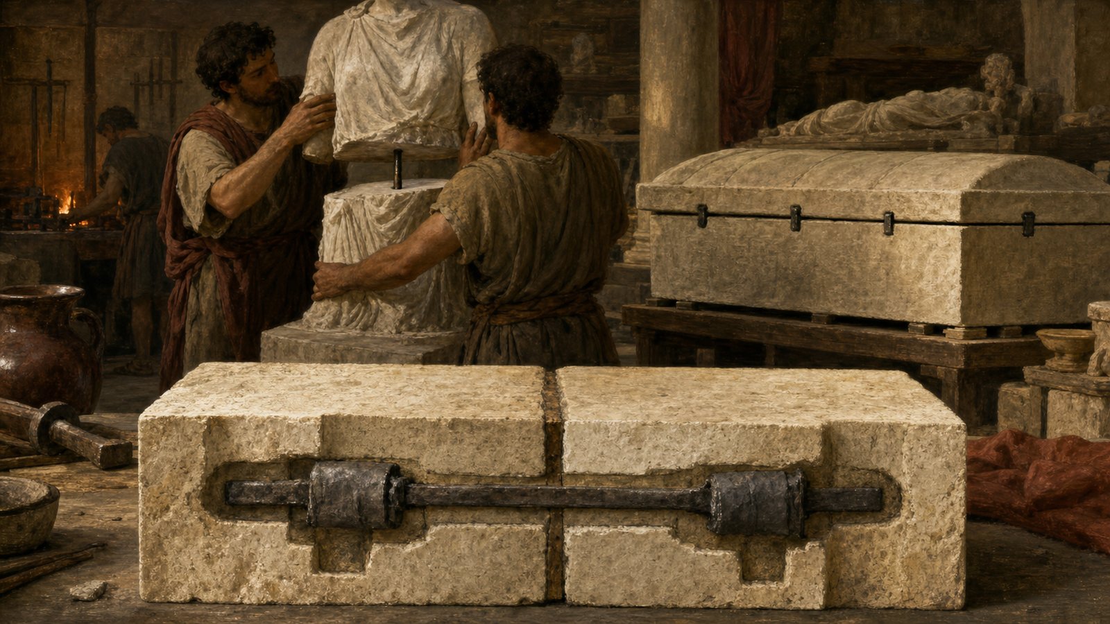 A cutaway workshop view shows molten lead filling a clamp socket while a multipart generic marble statue and secured sarcophagus lid wait nearby.