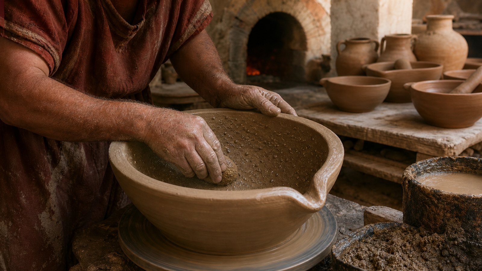 A potter embedded coarse mineral grit in the damp interior of a broad mortarium before firing the thick rim and pouring spout.
