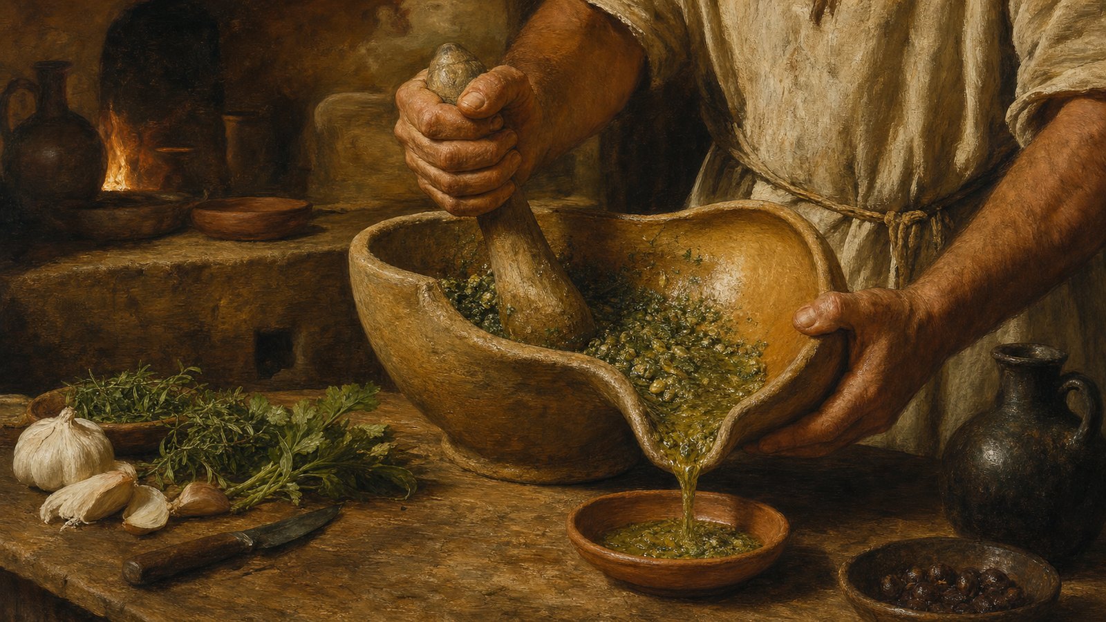 A cook ground herbs and garlic in circular strokes, then used the formed spout to move the finished mixture without wasting it along the rim.