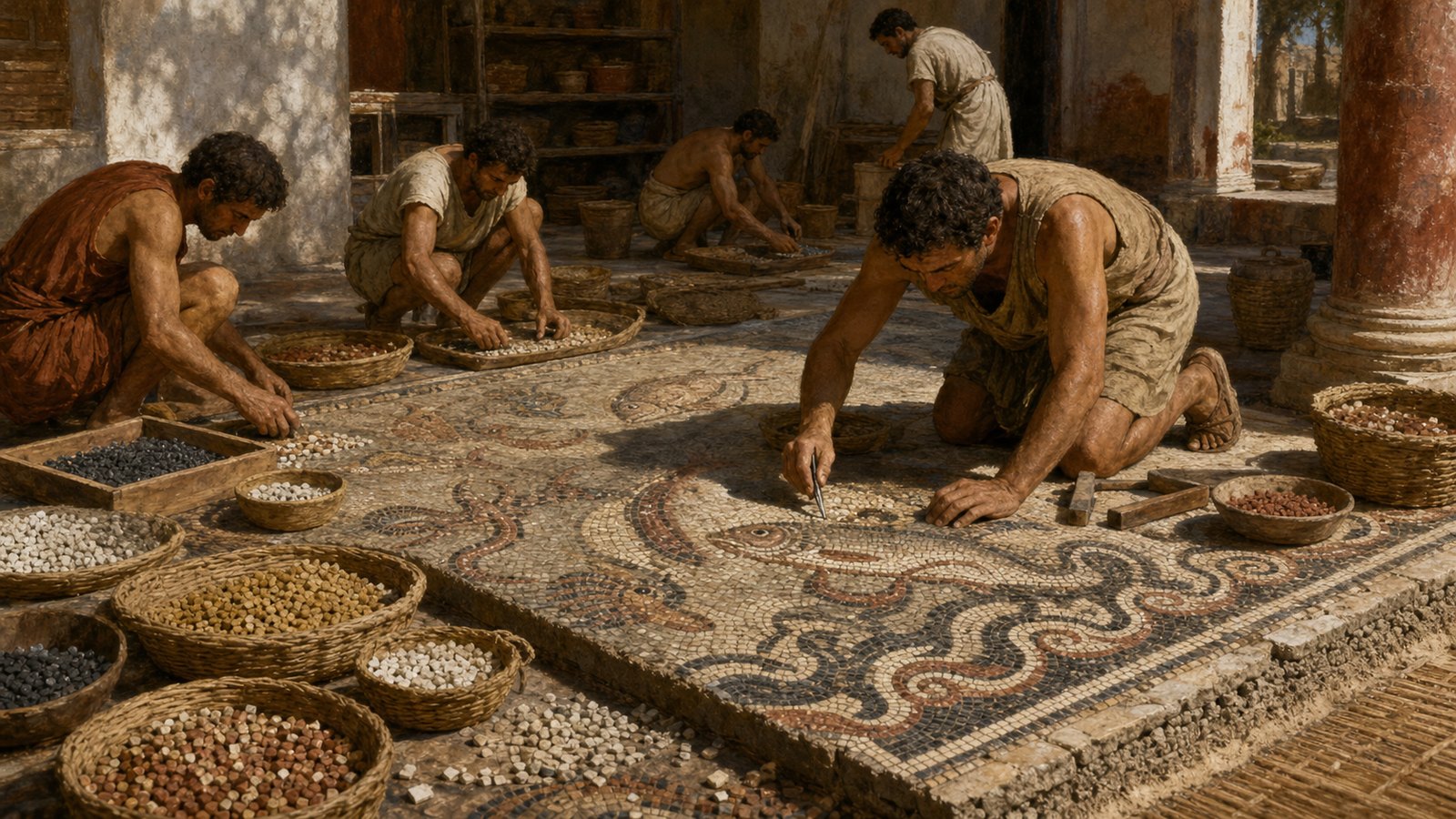 Mosaic workshops turned baskets of angular tesserae into curves, bodies, borders, and tonal detail on a surface built to endure footsteps.