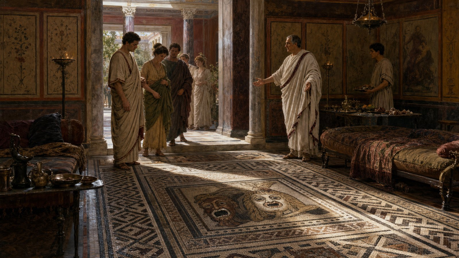 In a reception or dining room, floor patterns framed the route to couches and gave guests a visual program before conversation began.