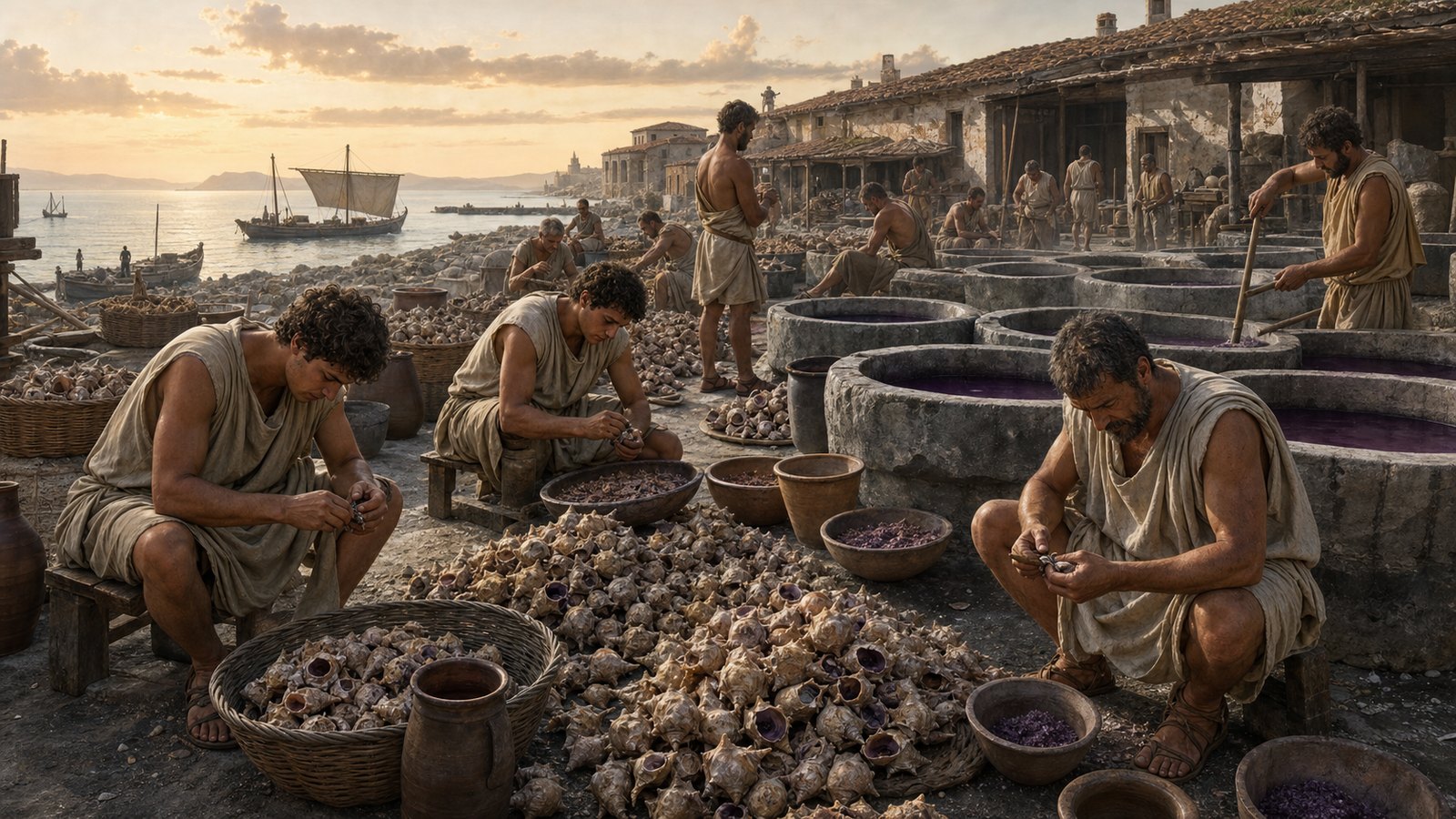 Coastal workers opened murex shells and gathered tiny dye-bearing glands, leaving heaps of fragments beside the vats.