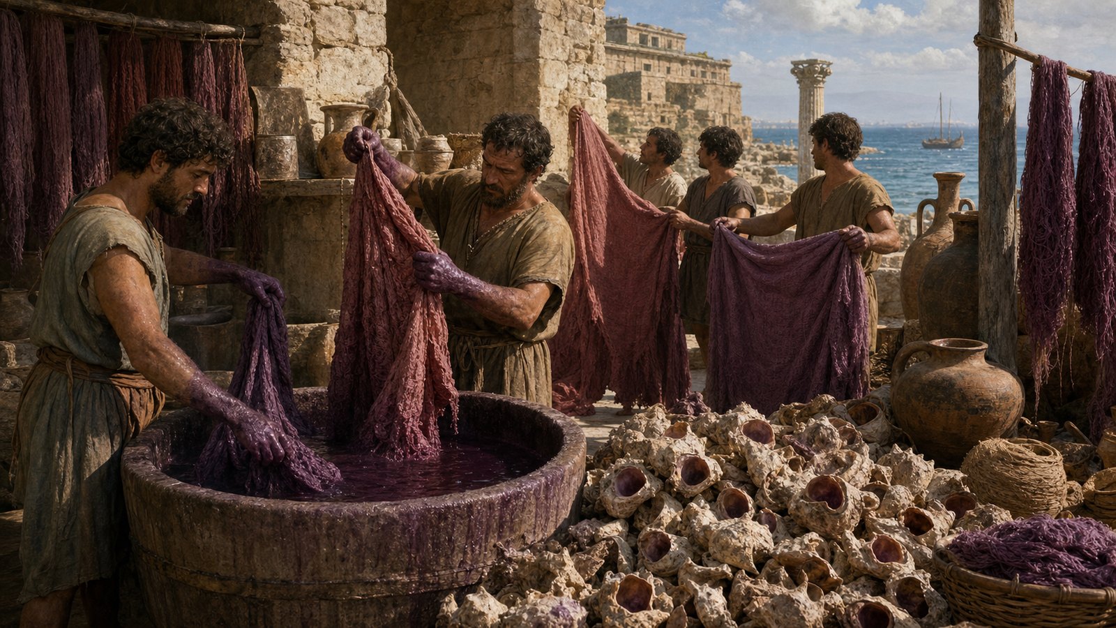 Dyers lifted and aired wool repeatedly as processed marine dye changed toward the red-purple shade a buyer would recognize.