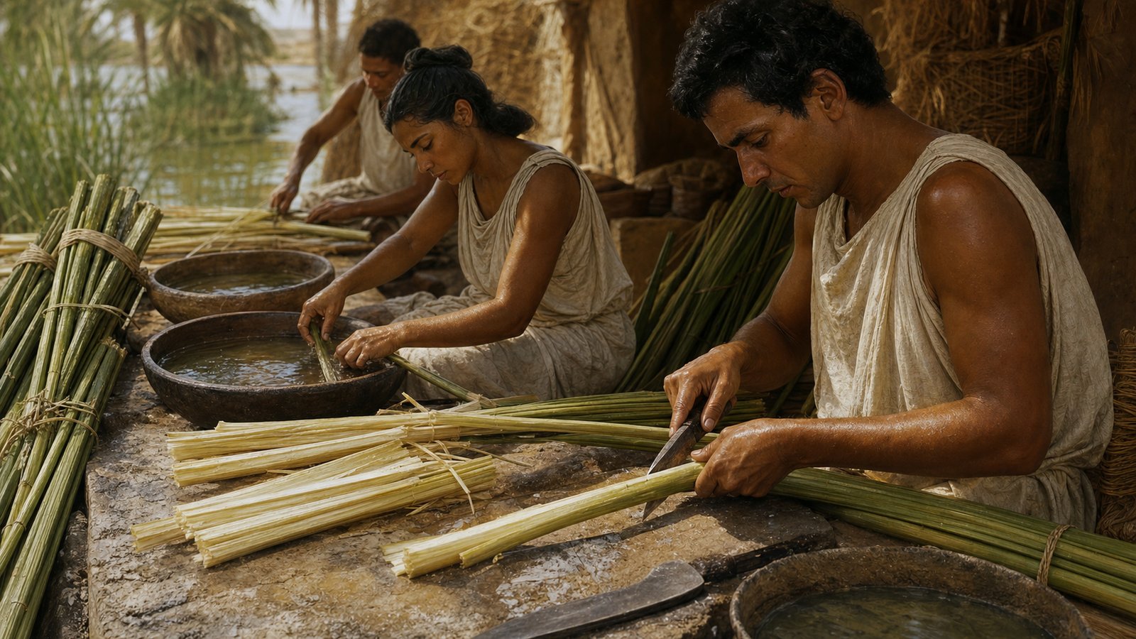 Papyrus workers expose pale pith and slice a harvested stalk into long, even strips.