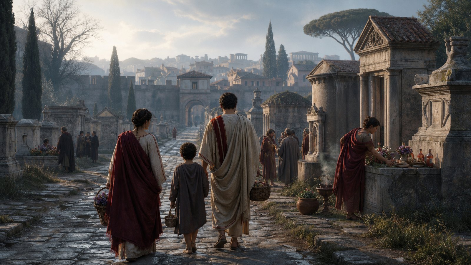 A Roman family follows the tomb-lined road outside the city with modest offerings during Parentalia.
