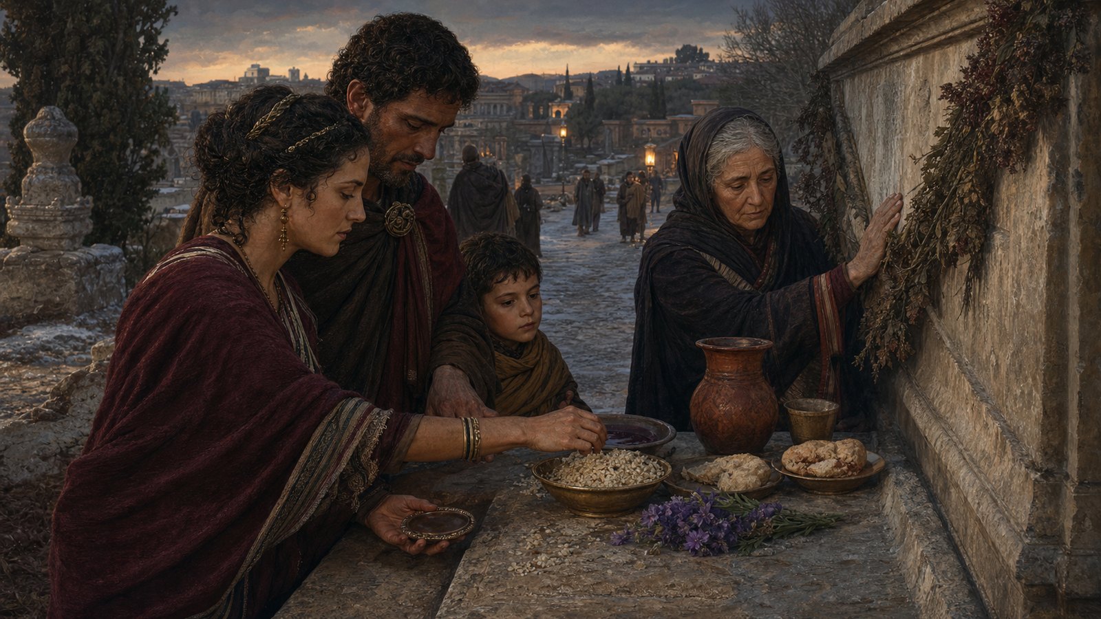 Three generations place grain, bread, wine and violets at an ancestral tomb in February.