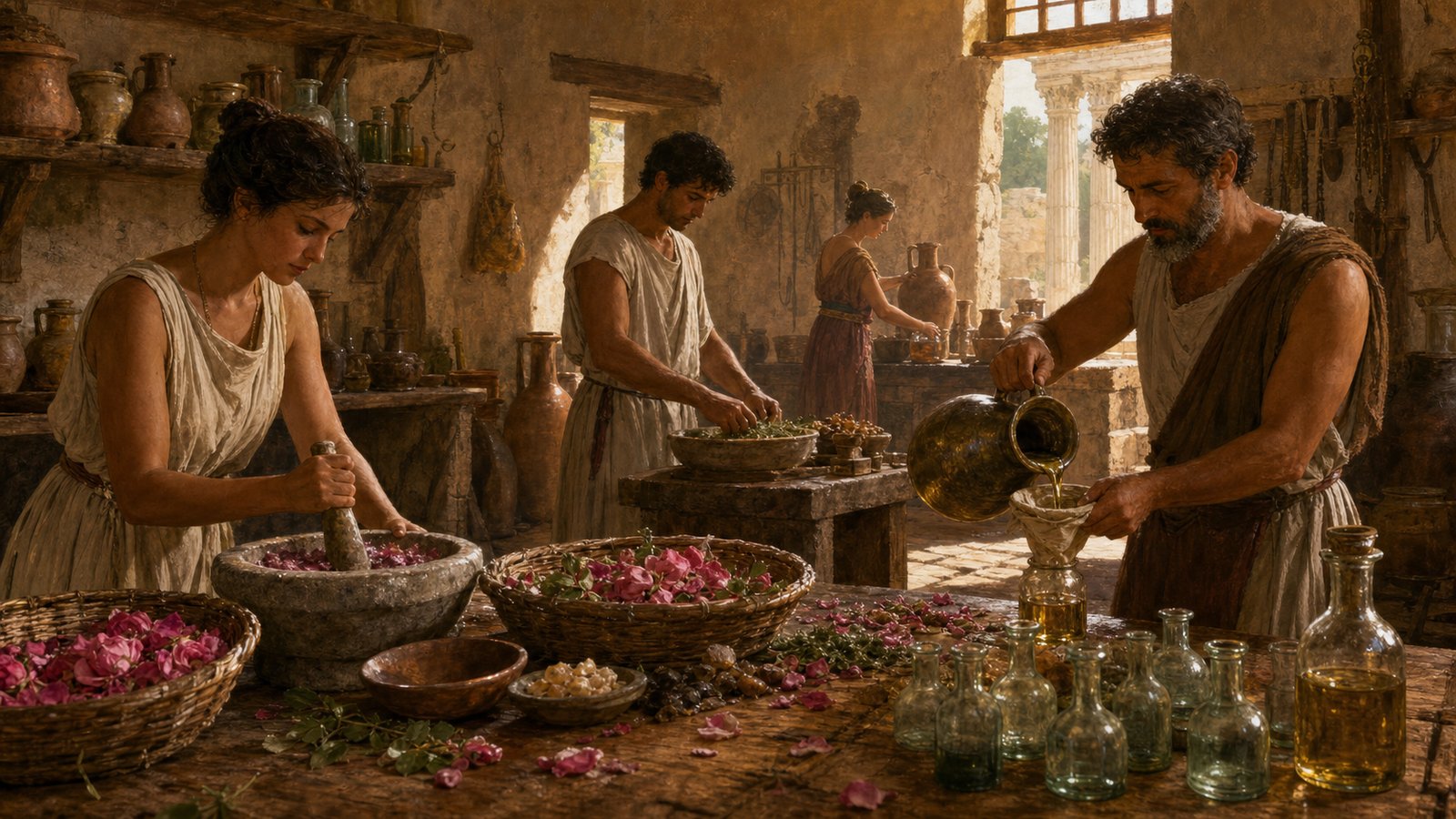 A Roman perfumer crushes fresh aromatics while an assistant measures oil among mortars, strainers, resins, and waiting glass vessels.