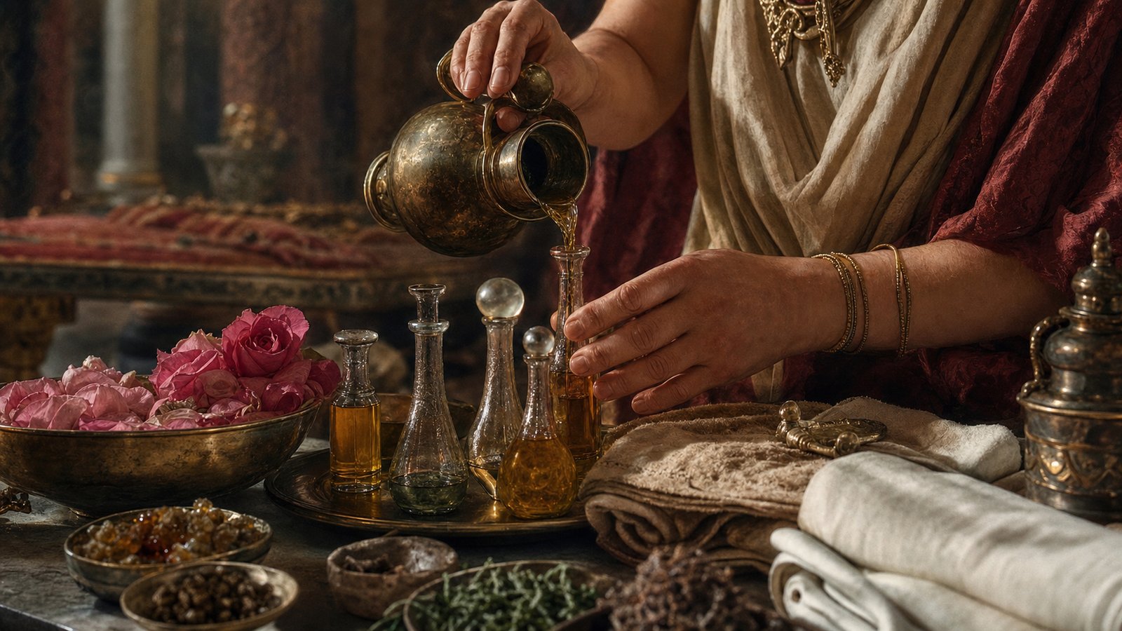 Hands fill narrow glass unguentaria beside roses, resin, and oil, showing how a large workshop process ended in a tiny container.