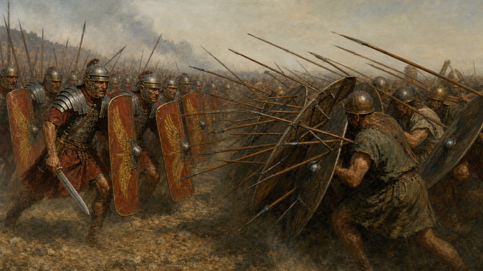 A lodged pilum did not need to destroy a shield to matter; its projecting shank could burden the bearer or obstruct handling.