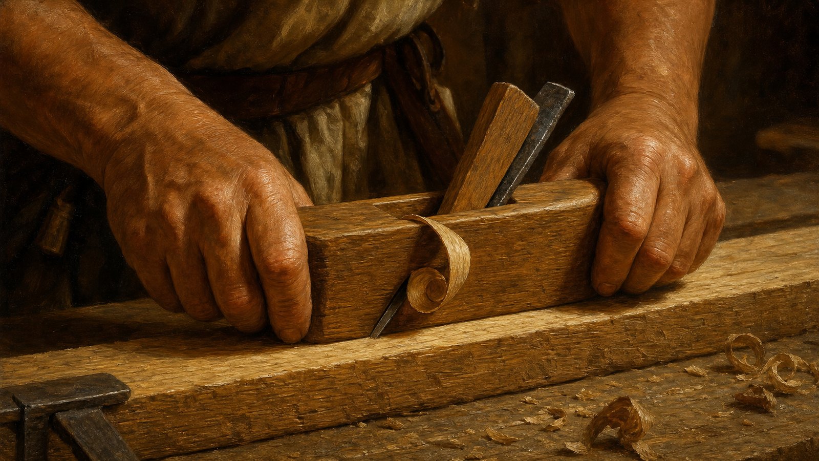 A Roman carpenter pushes a wooden-bodied plane along a clamped plank; the flat sole rides the cut surface while a fine shaving curls through the mouth.