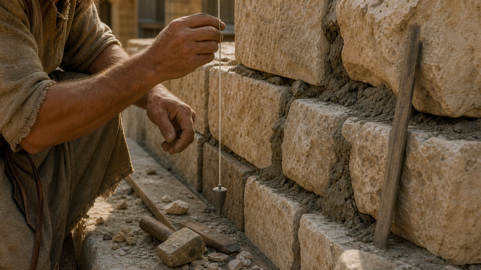 A Roman mason waits for a compact lead plumb bob to settle beside a newly raised wall face.