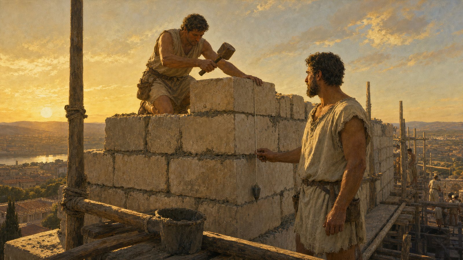 The taut cord reveals unequal gaps while a worker adjusts one fresh masonry course before the mortar sets.