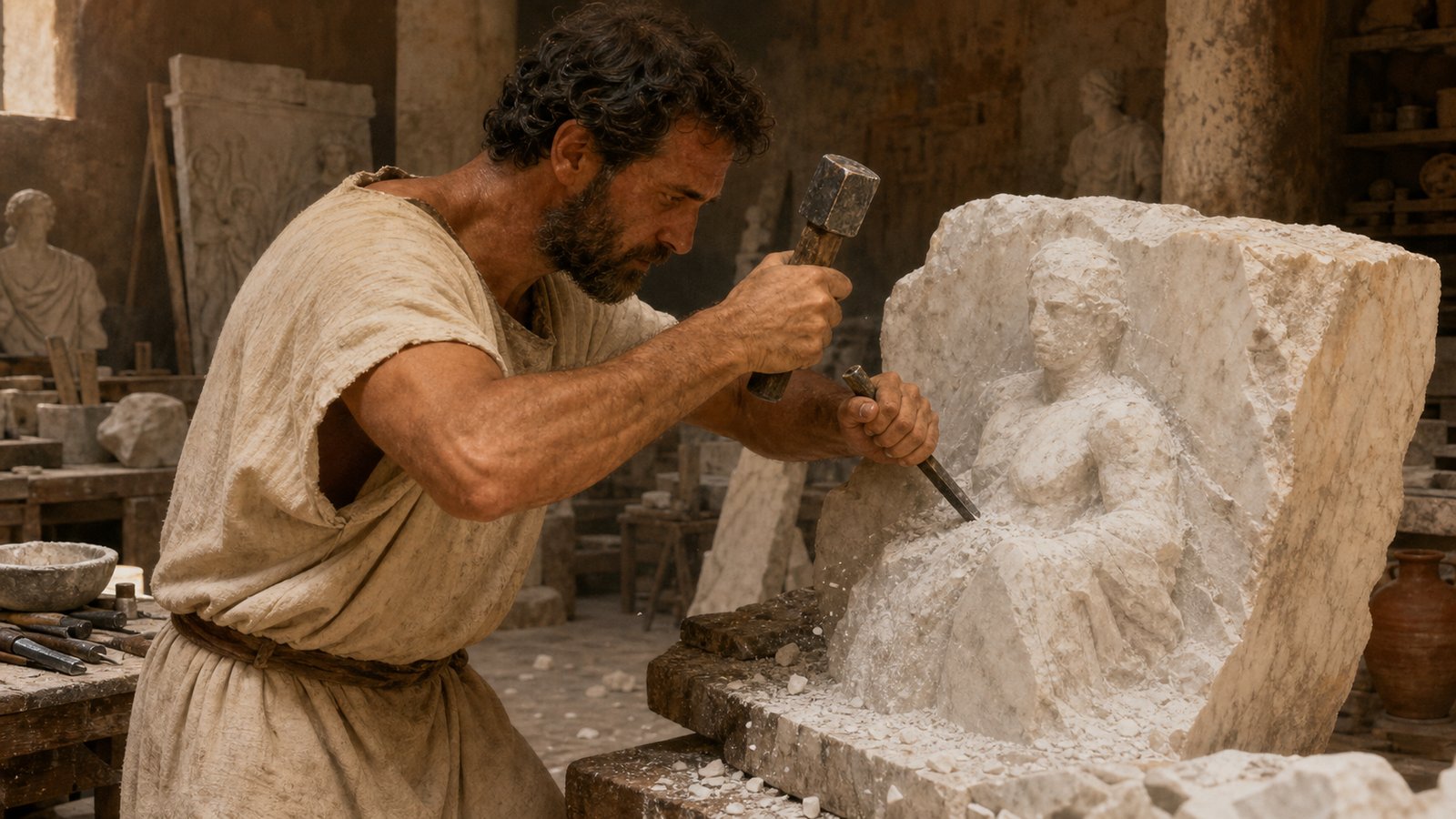 A Roman marble carver holds a pyramidal point chisel at a shallow angle while a hammer lifts above it, short rough grooves exposing an emerging generic figure.