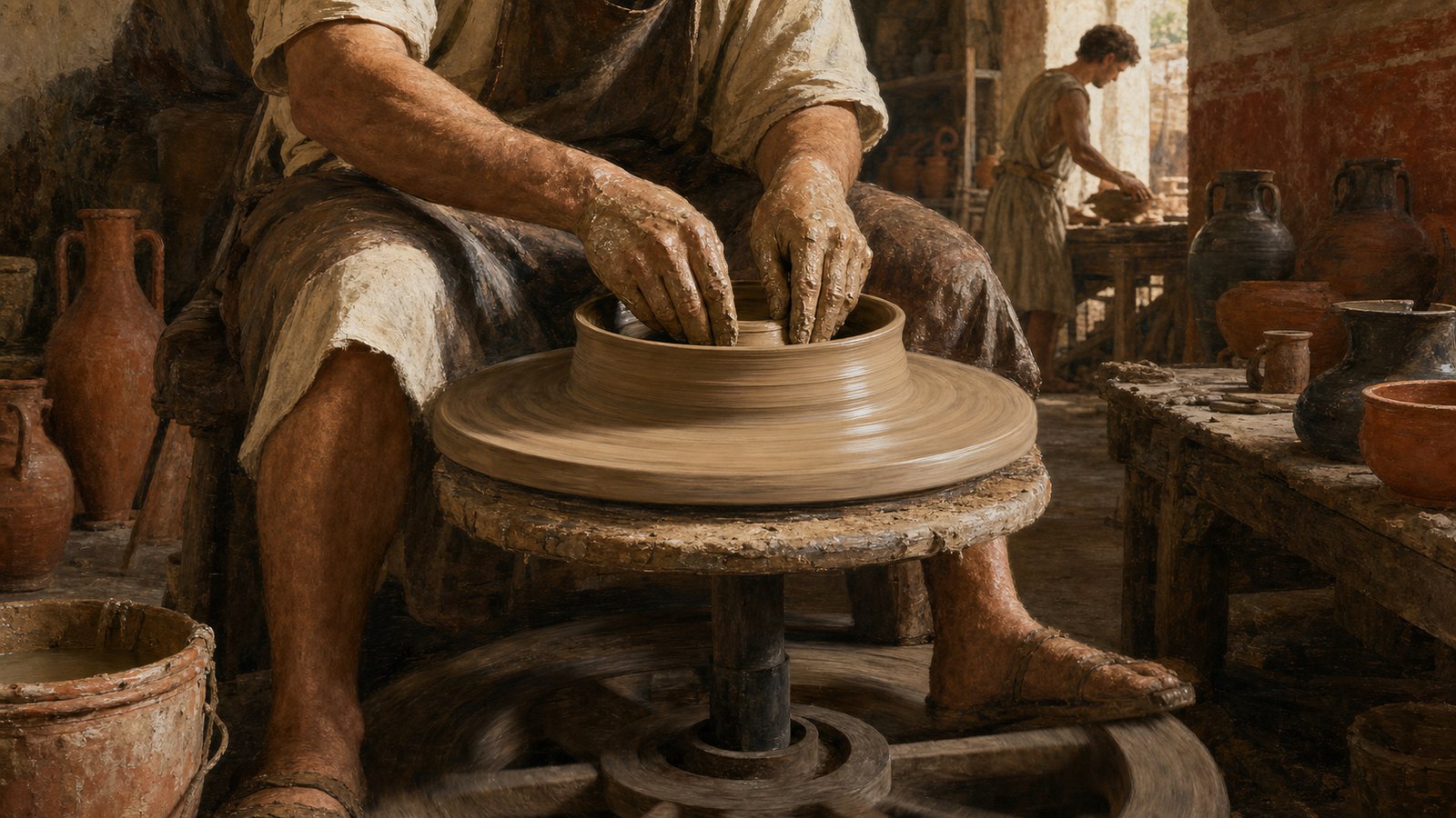 A Roman potter centres a low clay mass on a rotating wheel head, bracing wet hands so the lump revolves around one stable vertical axis.