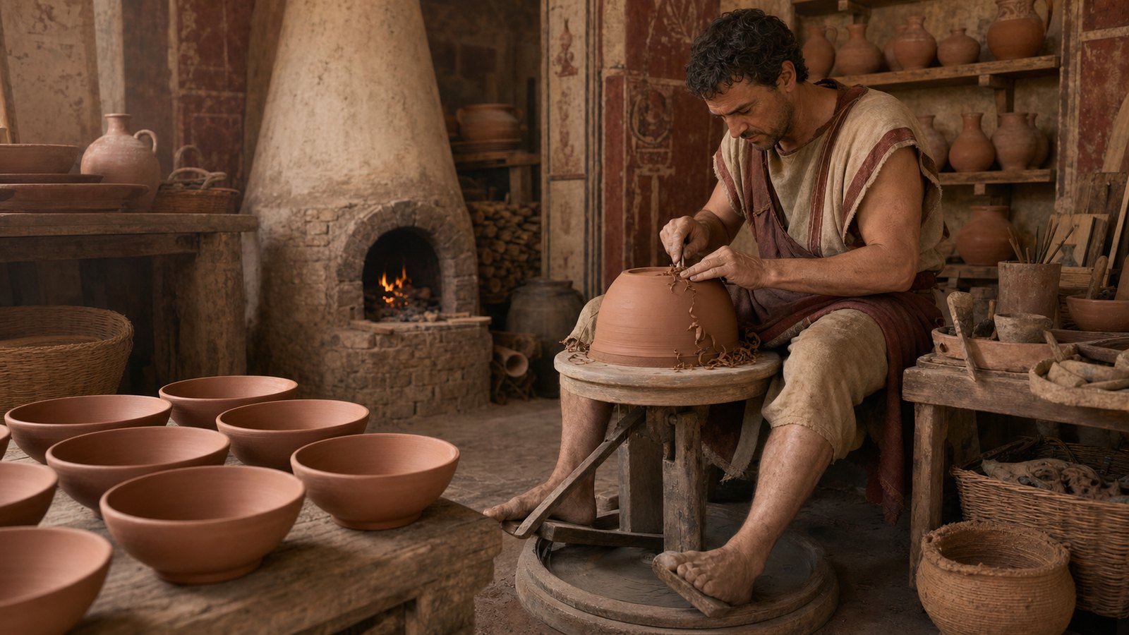 Inside and outside fingers meet through the spinning clay wall; a narrow band of opposed pressure moves upward and leaves a taller, thinner vessel.