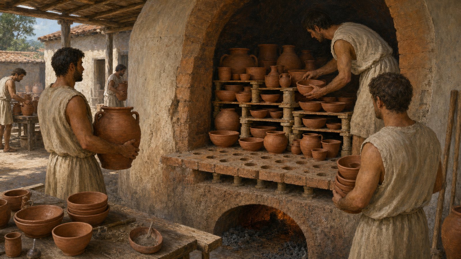 Potters stack bone-dry vessels above the perforated floor of an updraft kiln, leaving channels for hot gas between the wares.