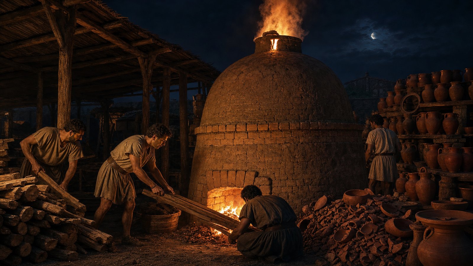 At night workers stoke the lower firebox while flame and exhaust at the upper vent reveal draft and atmosphere inside the sealed chamber.