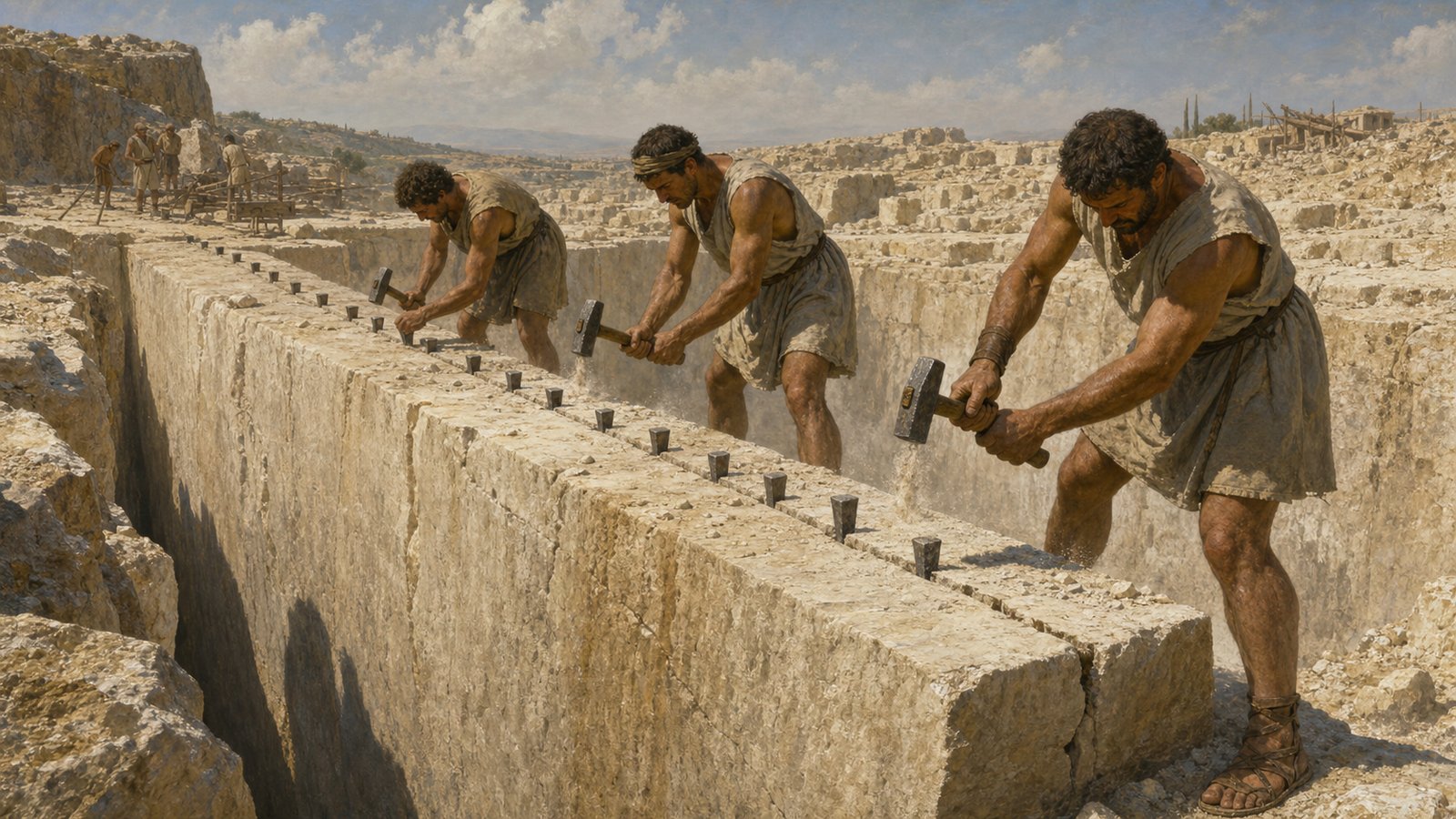 Quarry workers cut deep channels around a planned limestone block while a row of iron wedges waits along its bedding line.