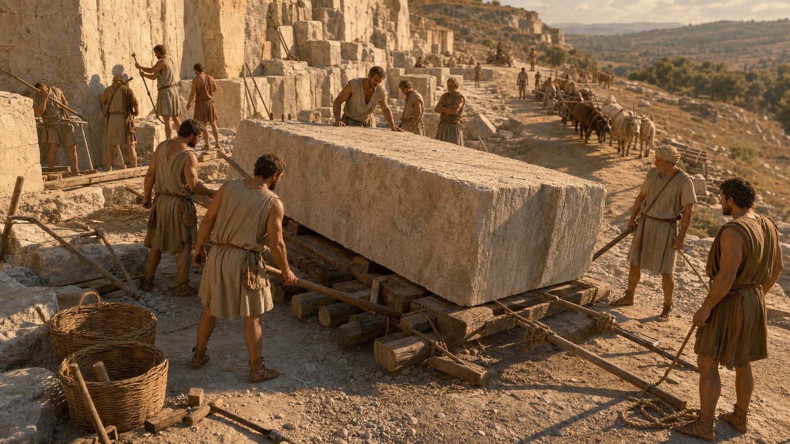 A newly released block is rough-dressed beside levers, timber cribbing, ropes, and a prepared quarry road.