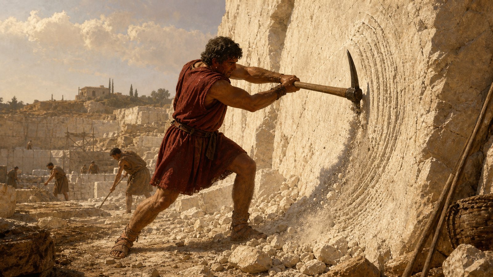 A Roman quarryman swings a long wooden-handled iron pick into a pale marble face, where repeated curved grooves run parallel across the working wall.