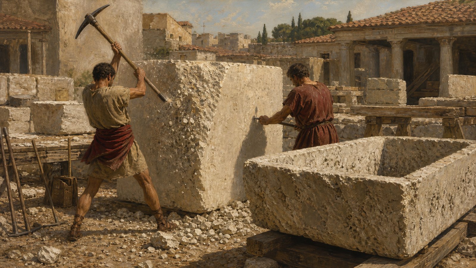 Workers use a pointed quarry pick to rough-square a large block beside a partly hollowed generic stone sarcophagus, with chips and dust underfoot.