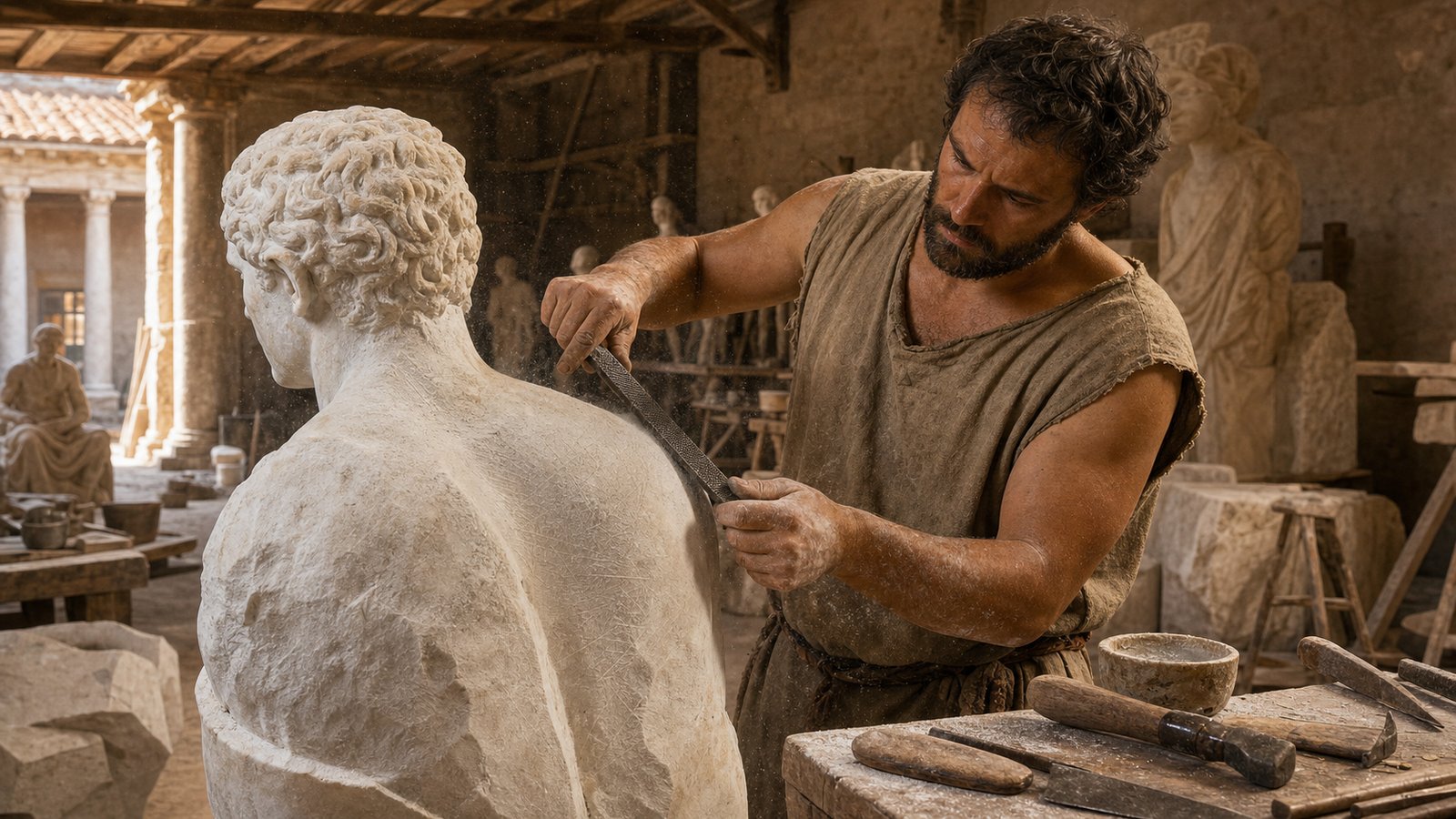 A Roman marble worker draws a double-ended iron rasp across a generic statue’s curved shoulder, one rounded toothed end contacting the stone in warm workshop light.