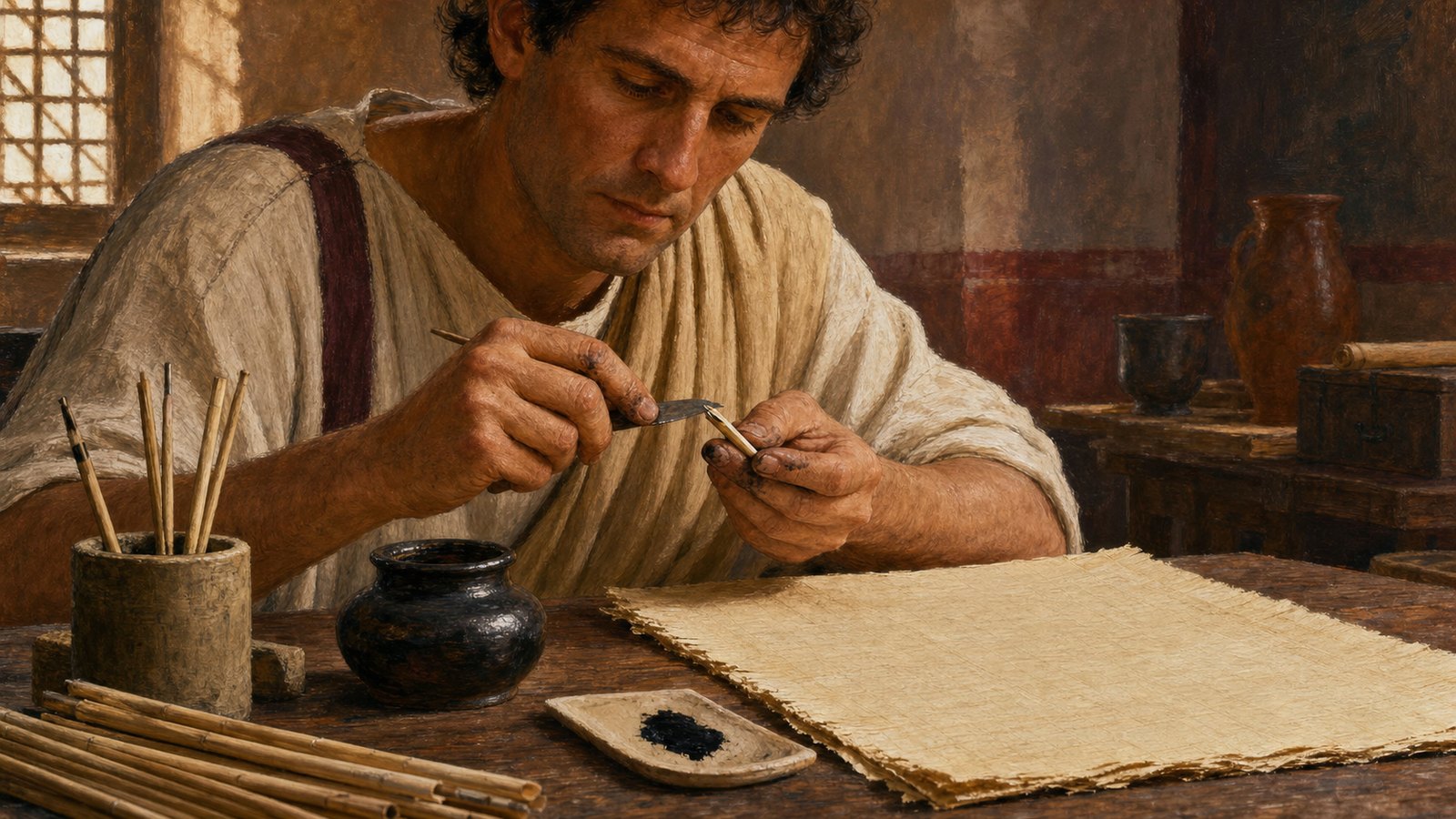 A scribe cut an oblique reed nib, opened its slit and tested the flow beside a shallow inkpot before touching the prepared papyrus.