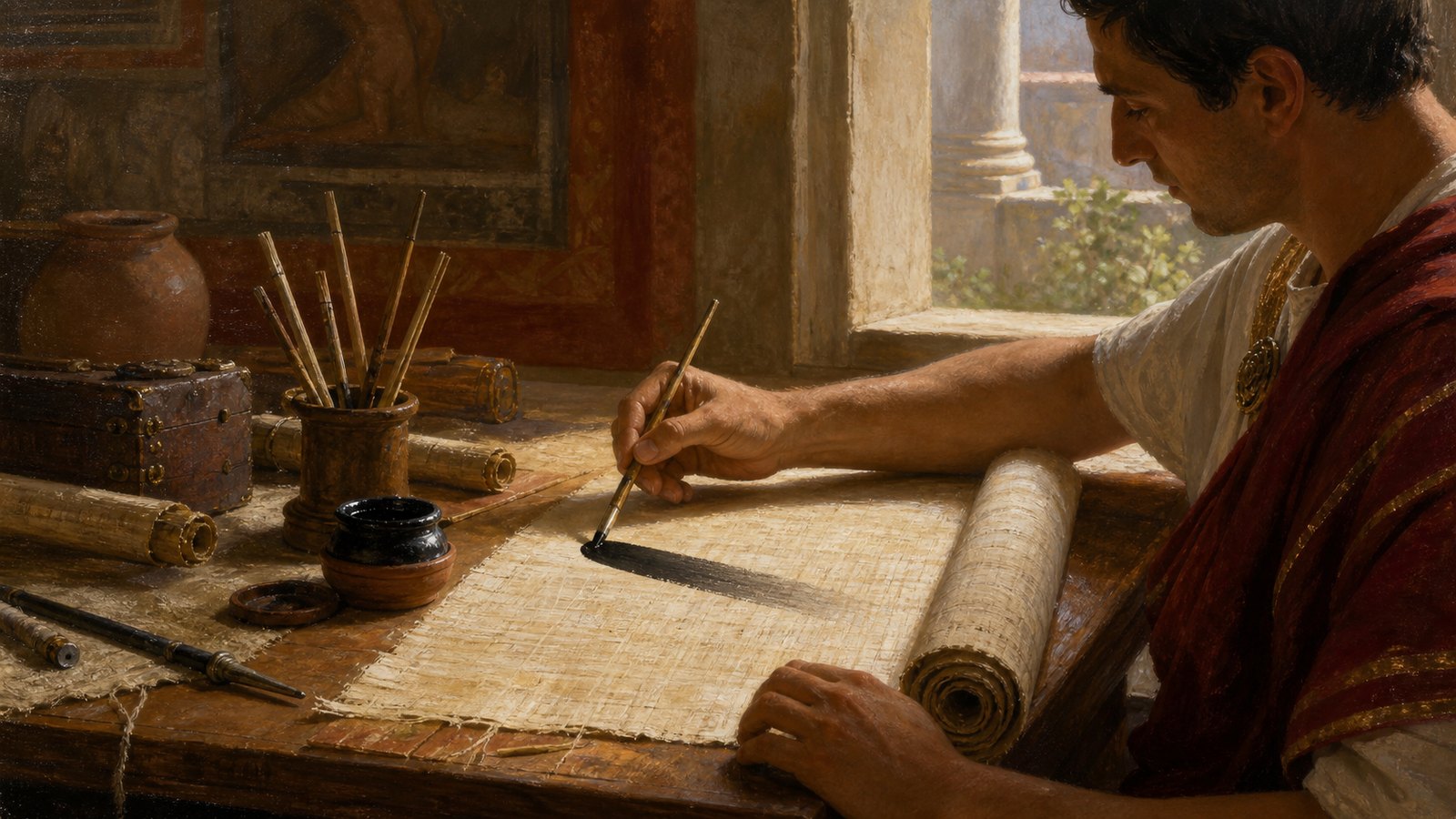 Repeated dipping broke writing into a physical rhythm as black carbon ink darkened the first strokes and faded before the hand returned to the vessel.