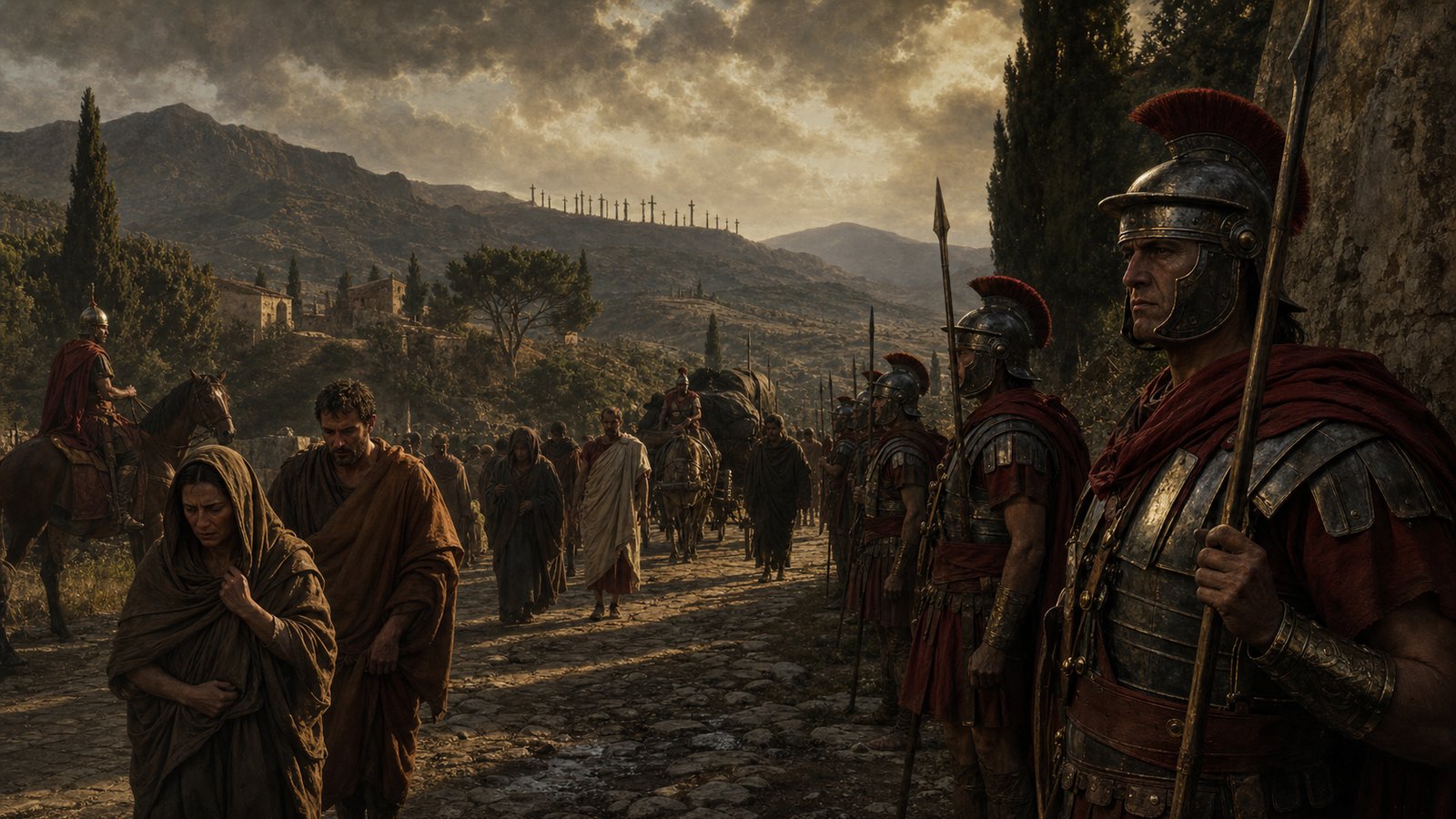 Roman soldiers watching a road after the Spartacus revolt