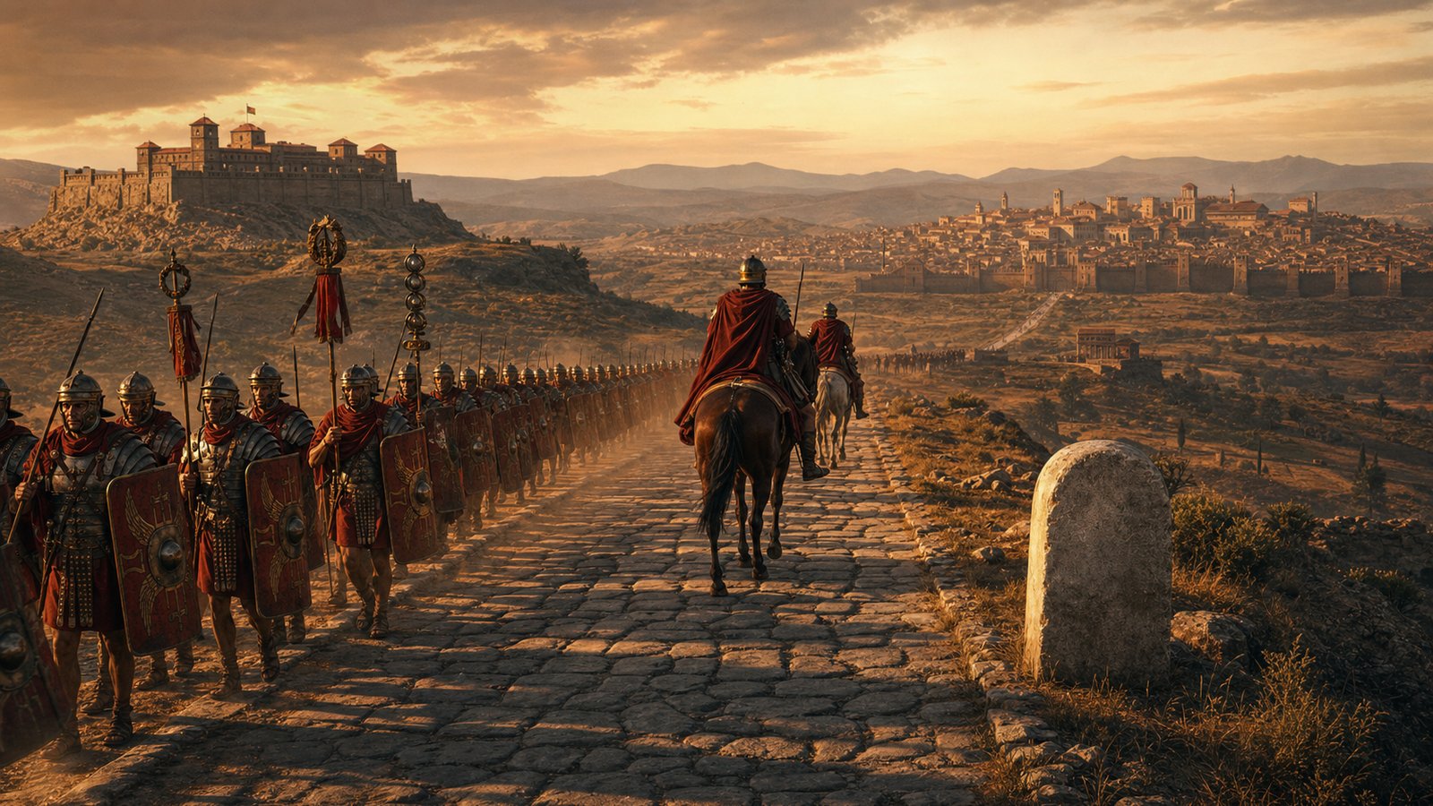 Roman legionaries and couriers moving along a stone road