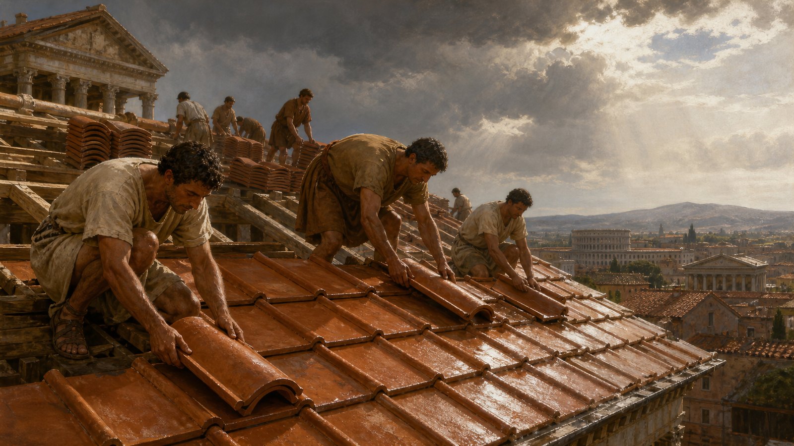 Roofers aligned flanged tegulae in overlapping rows and lowered curved imbrices over every long joint, turning two clay shapes into one drainage surface.