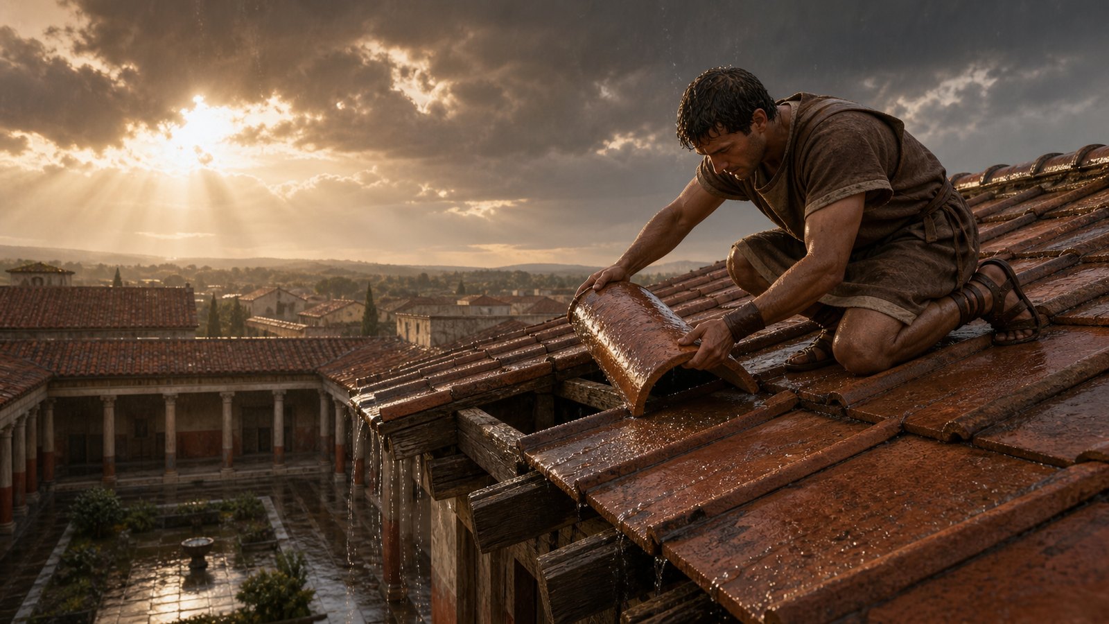 After a storm, a worker lifted a shifted cover tile above a damp room and restored the overlapping path before water reached the timber again.