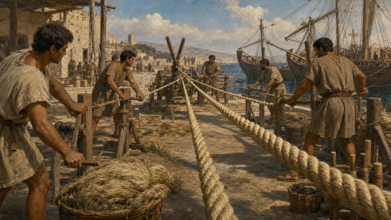 Roman rope makers align plant fibers and spin them into yarn beside coils prepared for the harbor.