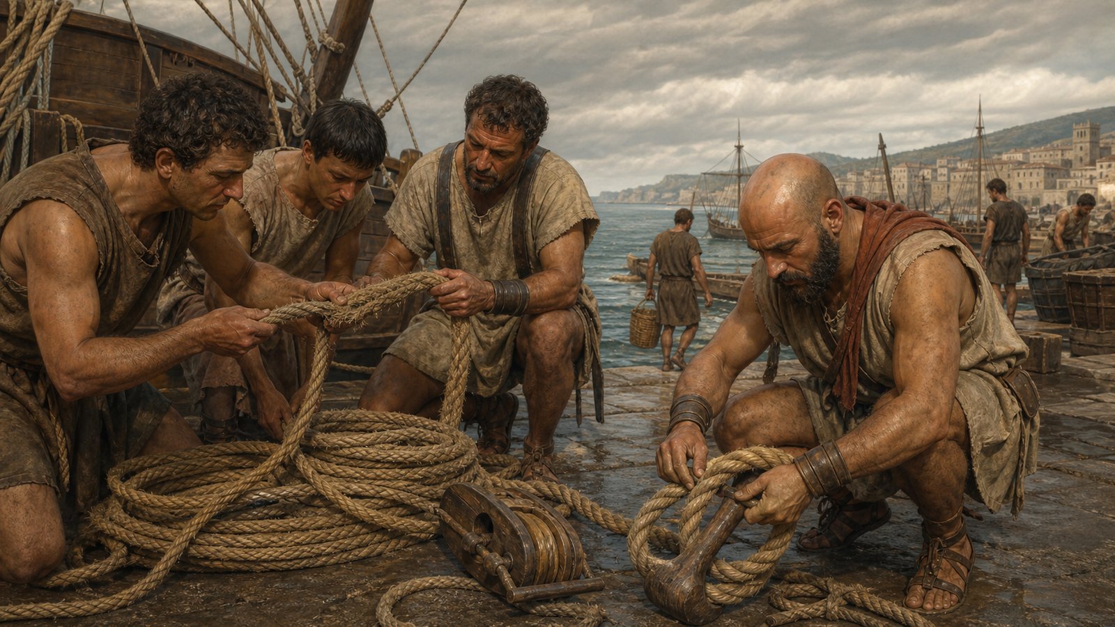 Workers lay three long strands together under even tension while finished cordage coils near ship rigging and wooden pulleys.