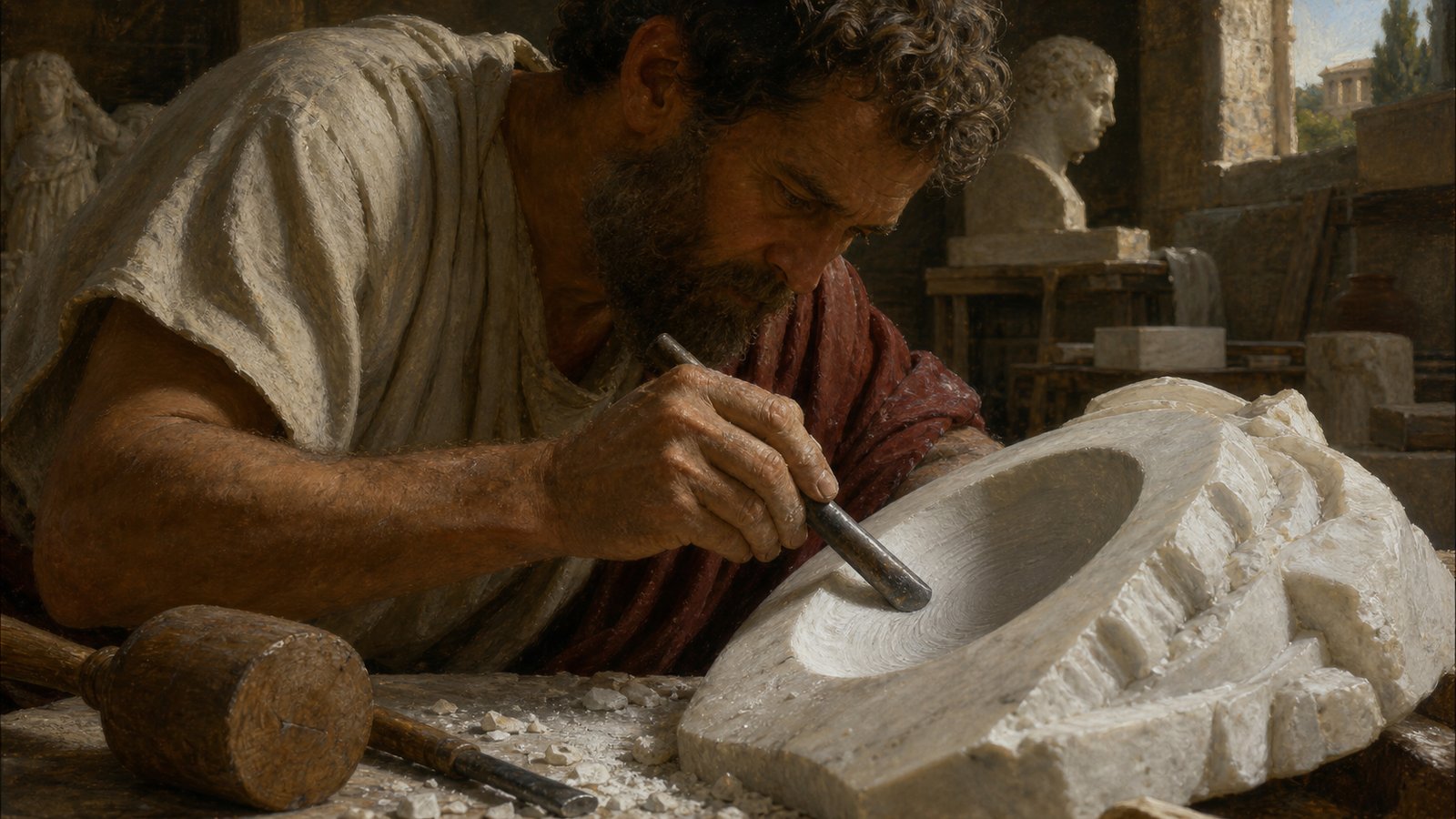 A Roman sculptor holds a bull-nosed roundel at an oblique angle inside a deep marble drapery fold, its curved edge clear beside a wooden mallet.