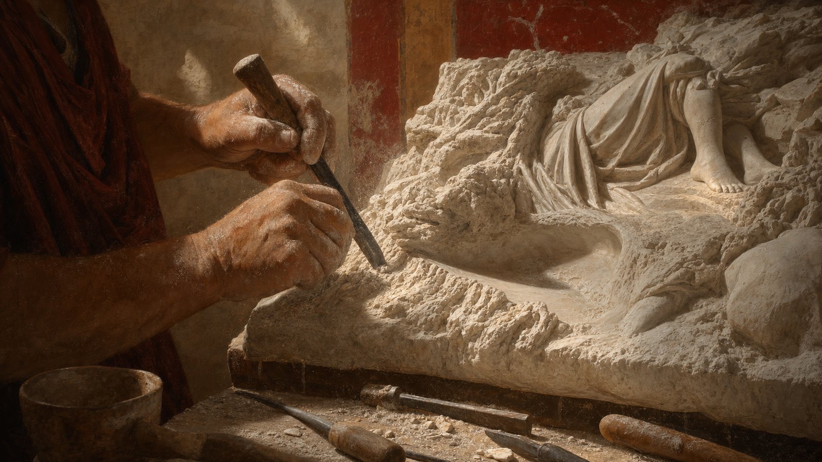 Close workshop view of overlapping curved chisel traces shaping a hollow in a generic Roman relief without catching the raised edges beside it.