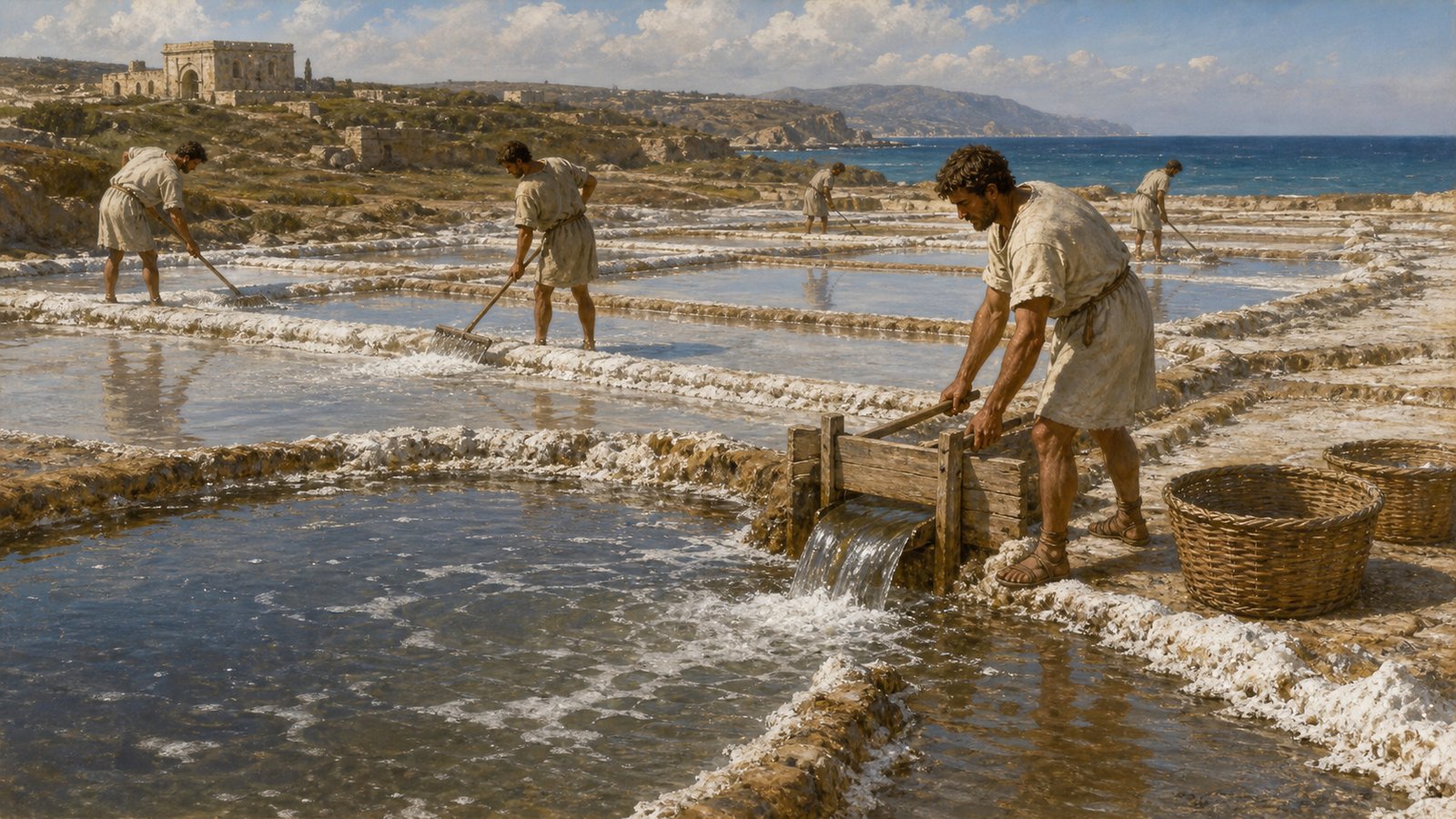 Workers guide seawater through shallow concentrating ponds where sun and wind steadily strengthen the brine.