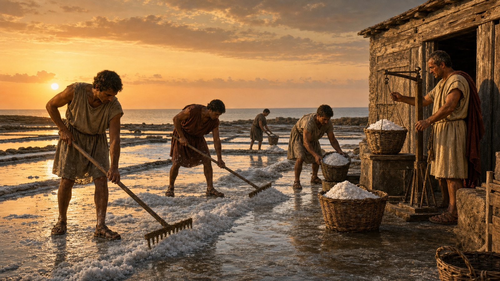 At dawn the crew rakes a new crystal crust into draining ridges before carrying damp salt to storage.