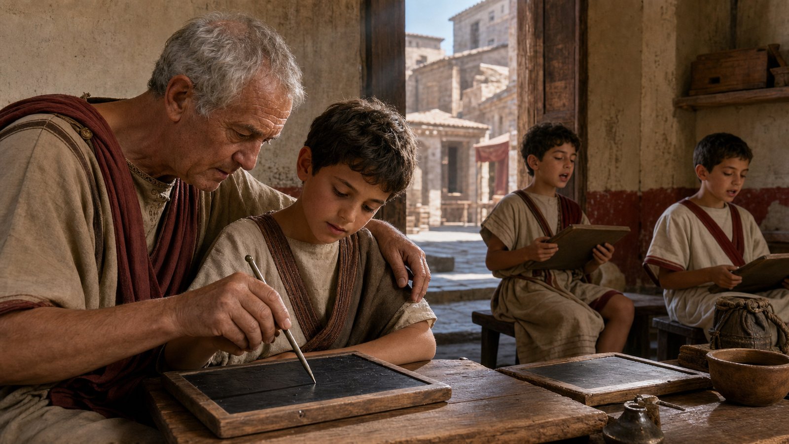 A teacher listens as a pupil reads from a wax tablet in a modest Roman schoolroom open to the noise of the street.