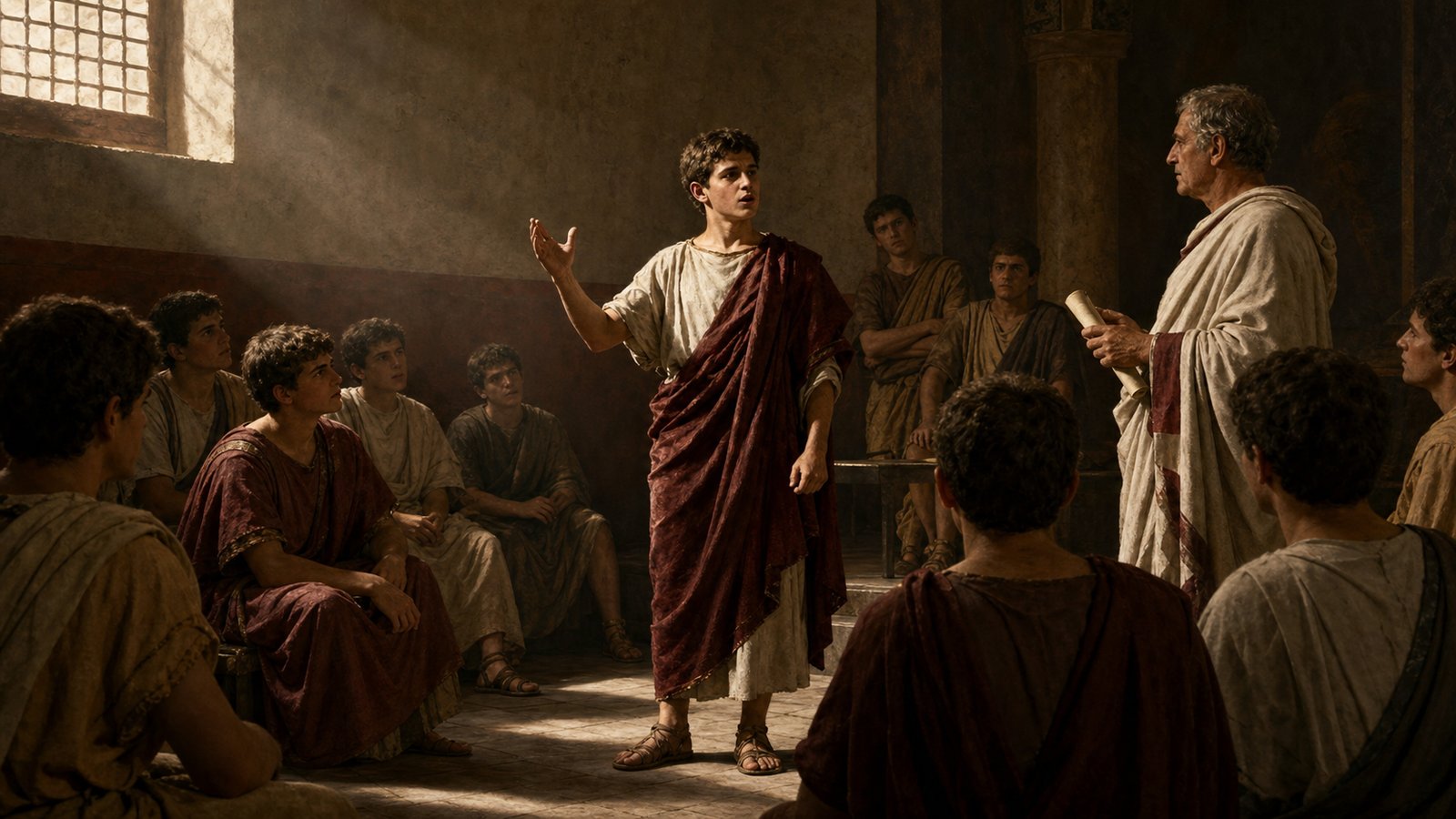 An advanced student rehearses a declamation while classmates and a rhetor judge his delivery.