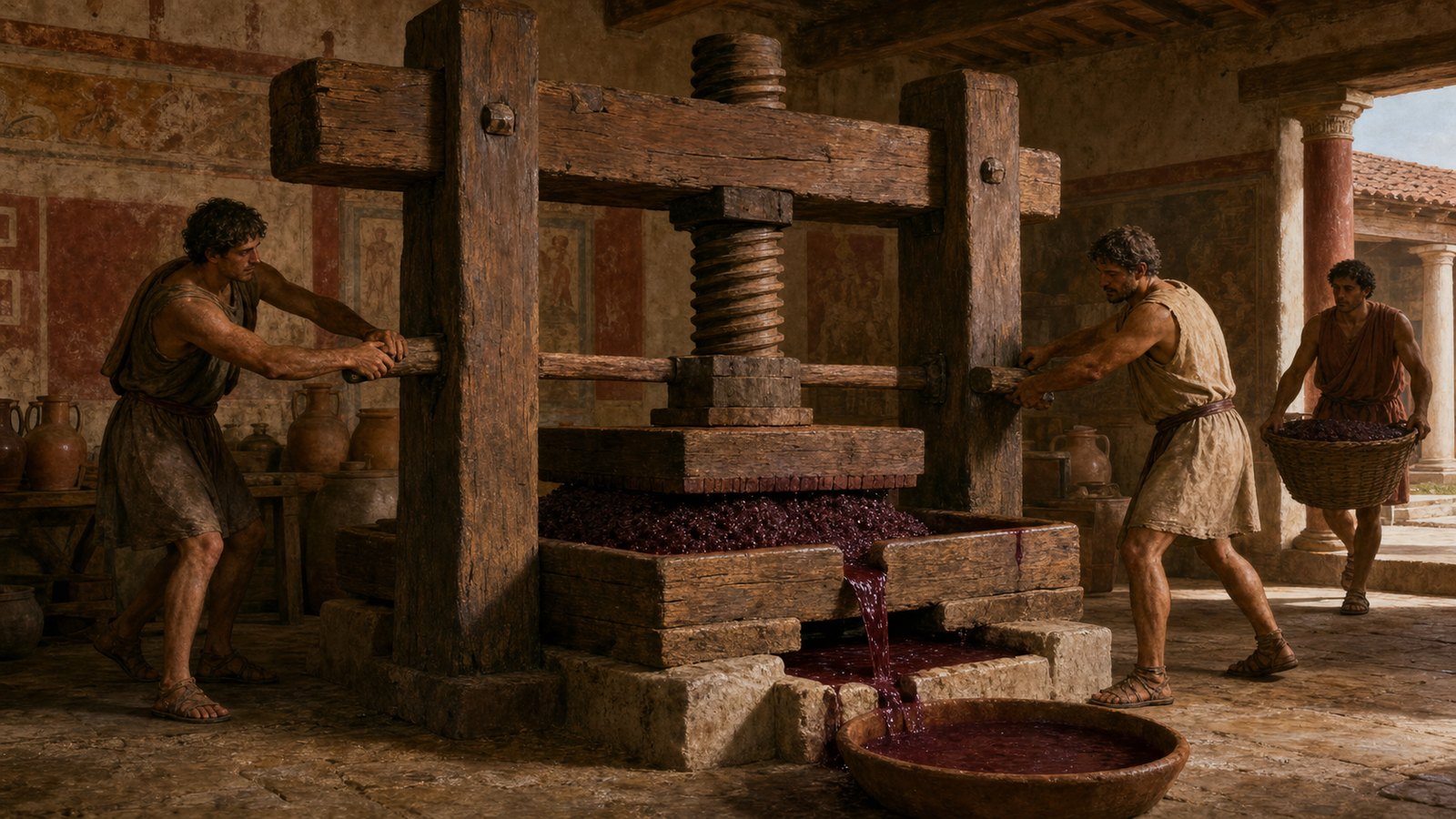Workers turn long hand-spakes around a wooden press screw as a plate descends onto prepared grape marc and liquid drains from the bed.
